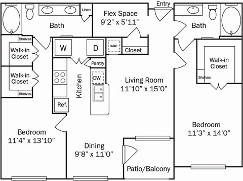 Floor plan for 2 beds, 2 baths, 1215 sqft